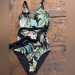 Black Tropical Leaf One-Piece Swimsuit with Tie Waist